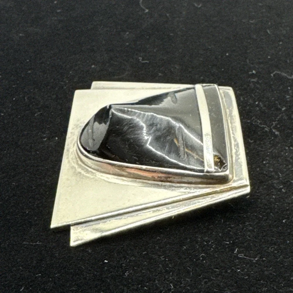 Fred Davis‎ Sterling Silver Obsidian Mask Brooch Mexico Vintage Modernist Pin